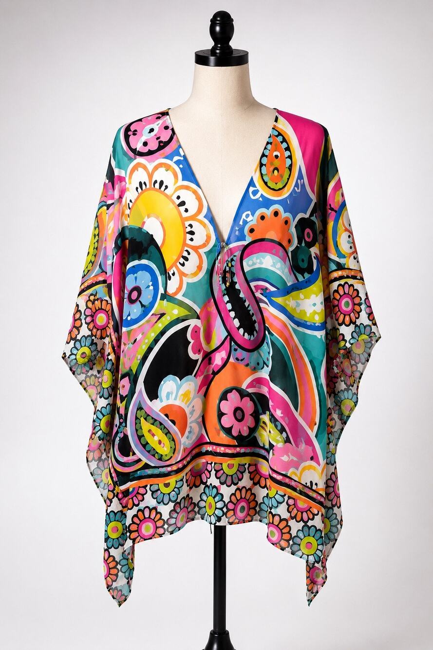 Bleu Rod Beattie Sheer Kimono Caftan Swim Cover Up Multicolor Floral Medium